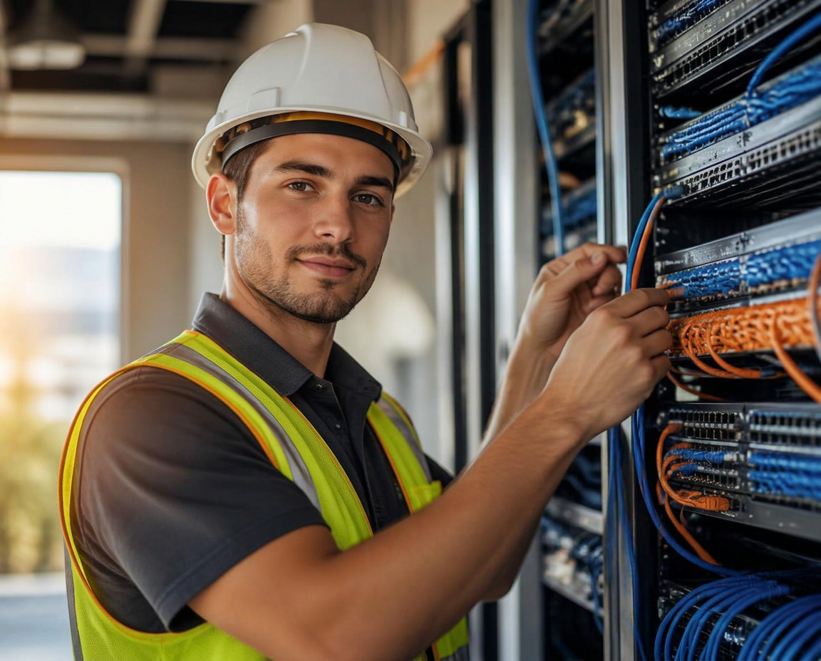 Technician installing structured network cabling and patching fiber in a commercial building