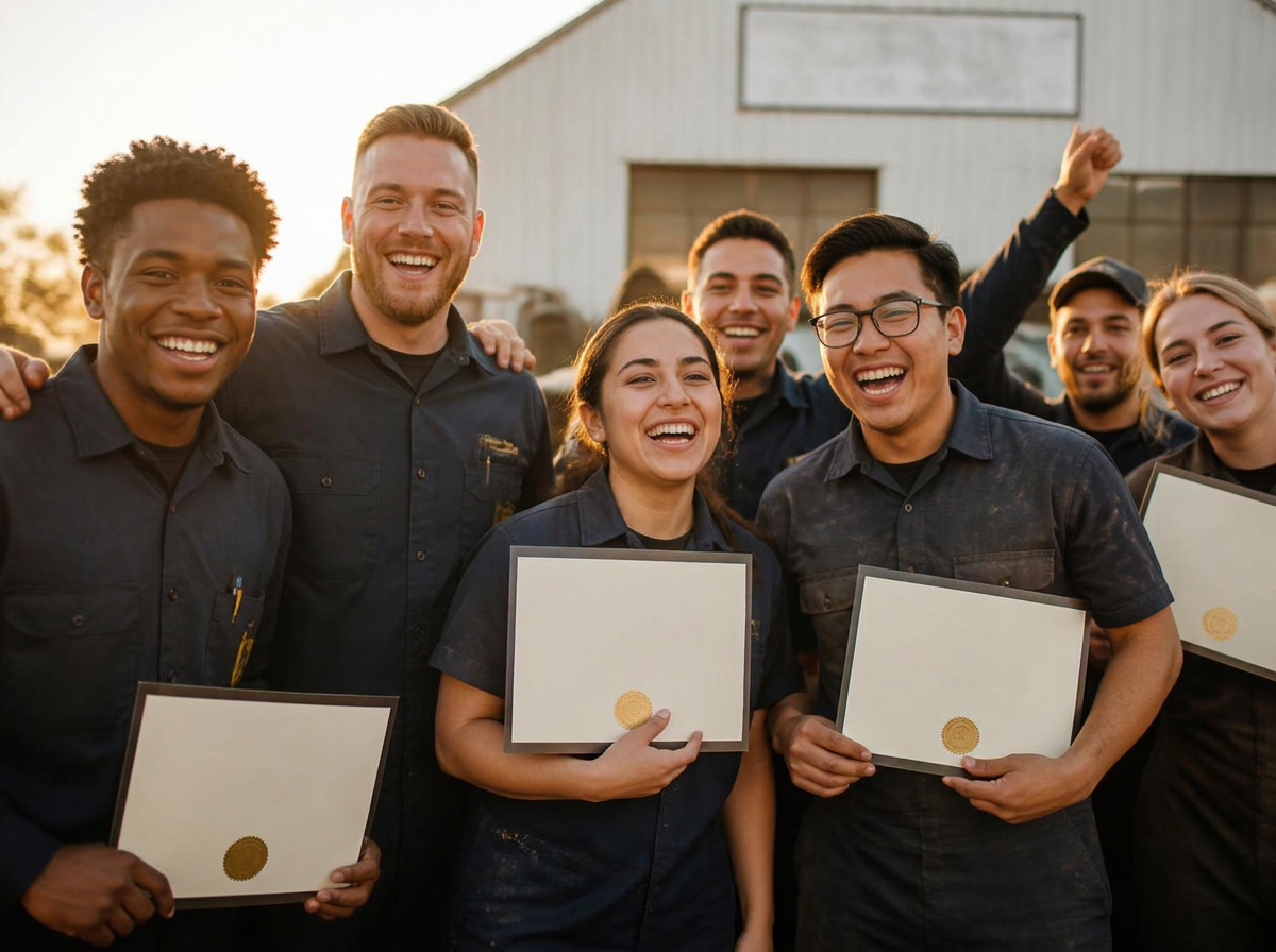 Newly certified technicians celebrating with their certificates after completing AI-resistant career training