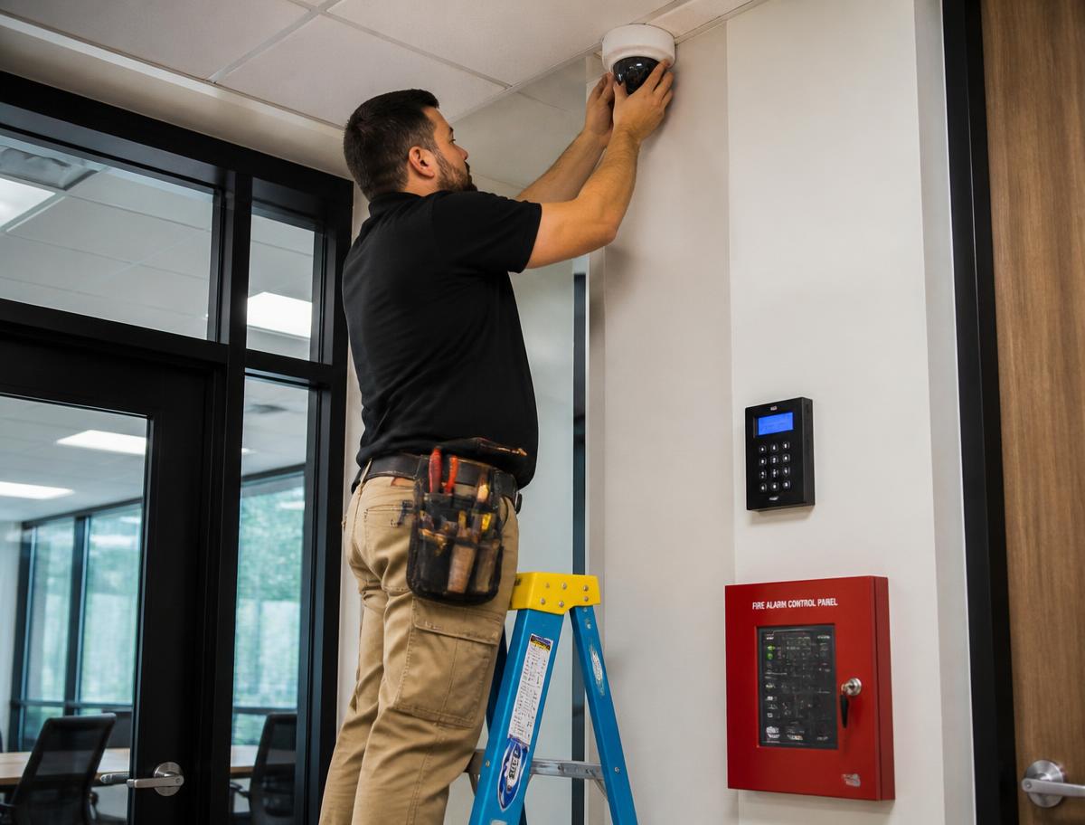 Security systems technician installing a surveillance camera and access control hardware